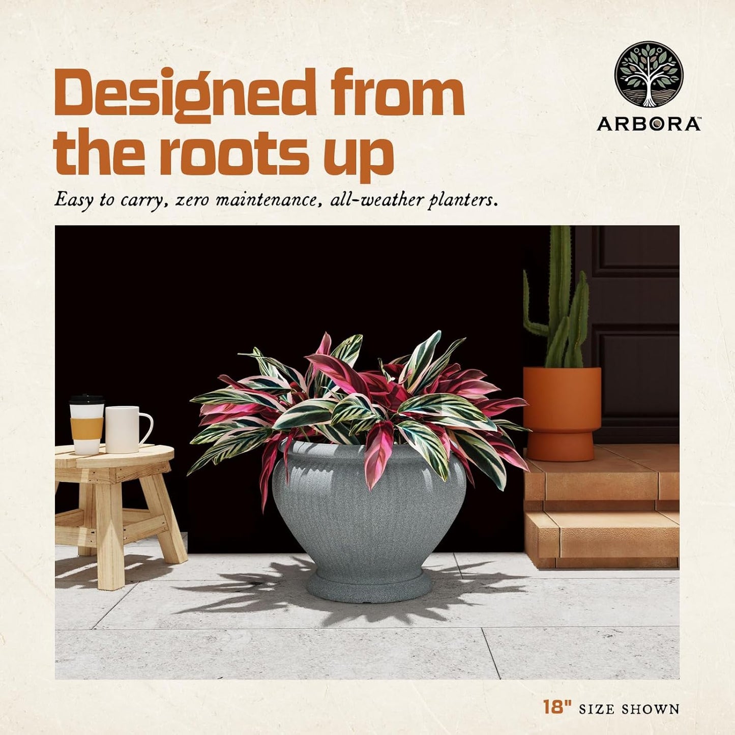 ARBORA 18" Cannes Urn Polyresin Indoor and Outdoor Planter with Stone Blend Concrete Gray Finish - Durable, Weatherproof, Lightweight, Large Plant Pot for Patio, Garden, Deck, Entryway