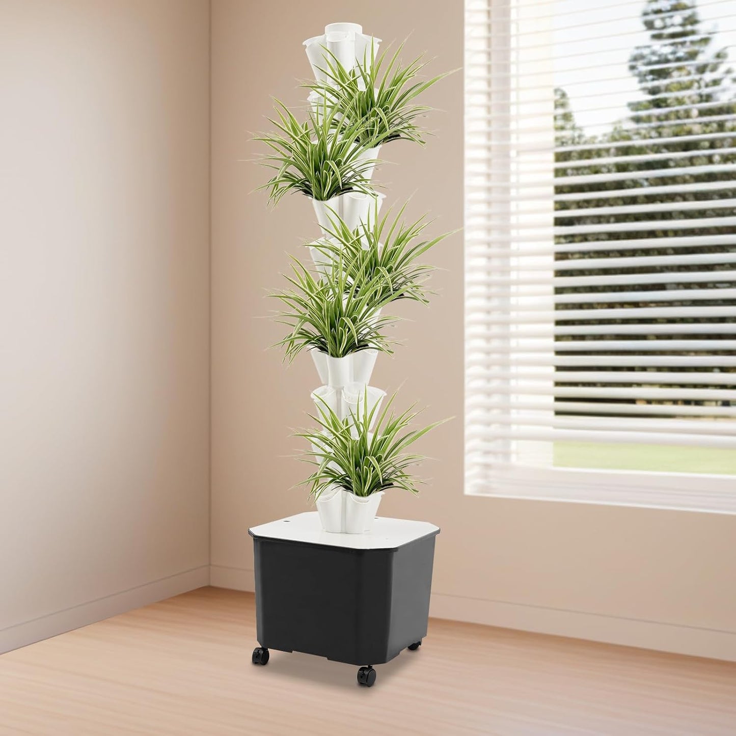 Eapmic Hydroponics Growing System Tower Garden, 10-Tier 50-Hole Vertical Planter with 45L Water Tank & Auto Watering, Indoor/Outdoor Hydroponic Garden Kit w/Wheels (White)