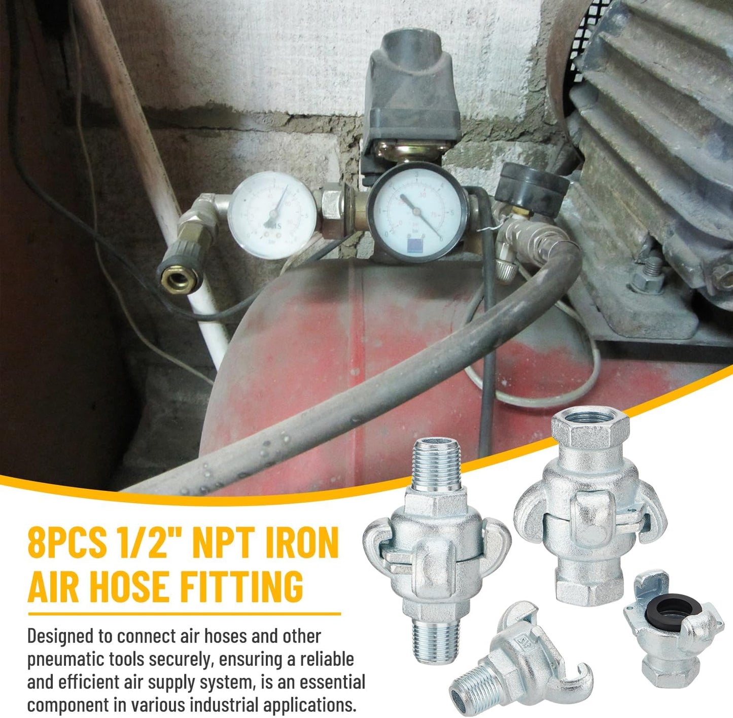 8PCS 1/2'' NPT Iron Air Hose Fitting, Universal Coupling Chicago Fitting 1/2'' for Male End, Female End