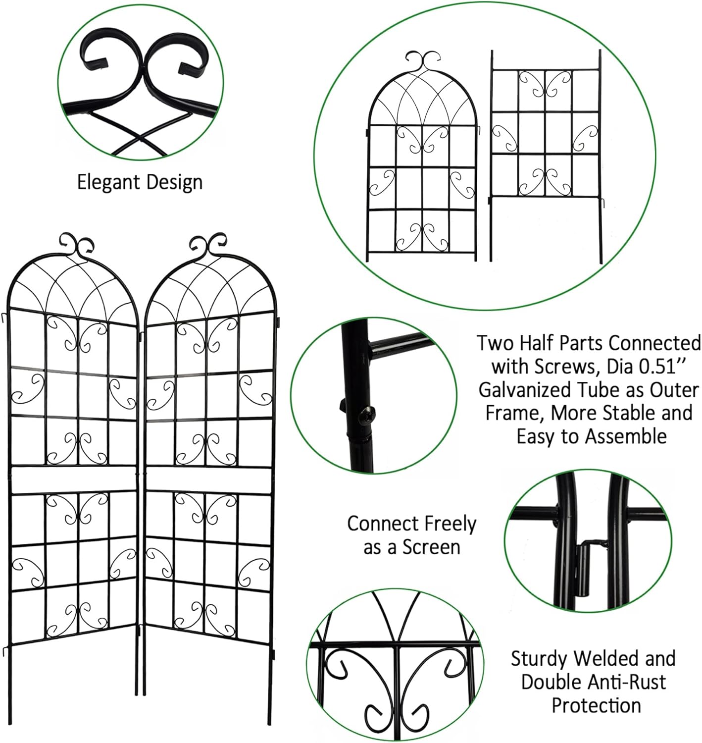 4 Pack Metal Garden Trellis for Climbing Plants, 71" Tall Rustproof Outdoor Trellis Panel with Vine Design, Decorative Black Iron Plant Support for Vine, Rose, Flower, Garden Wall