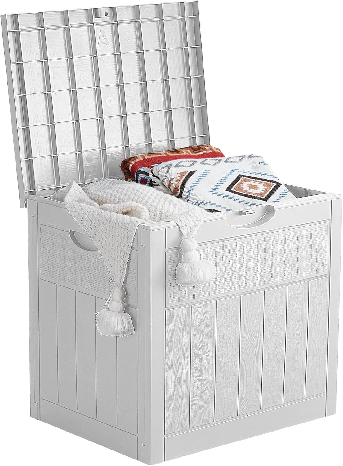 33 Gallon Deck Box, Small Outdoor Storage Box Waterproof, Lockable Secure Package Bin Delivery Box for Outside Front Porch, Patio Cushions Storage Box, Delivery Driver Snack Box for Porch, White