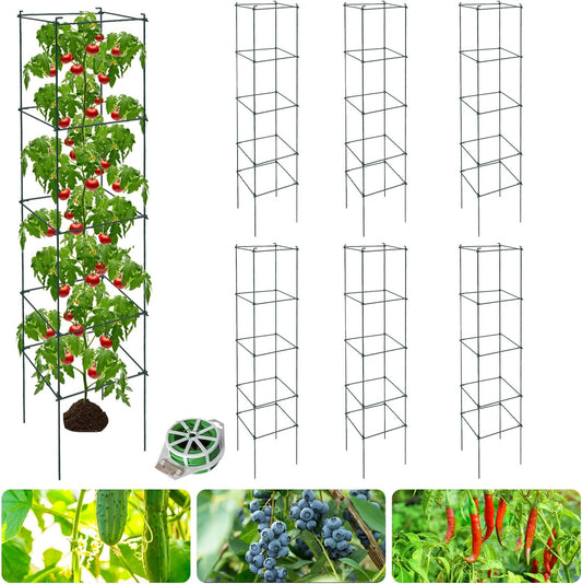 6 Packs Tomato Cages for Garden, 12"×12"×56" Plant Support Cage with Different Spacing, Green Metal Trellis for Climbing Plants Like Cucumber, Flowers