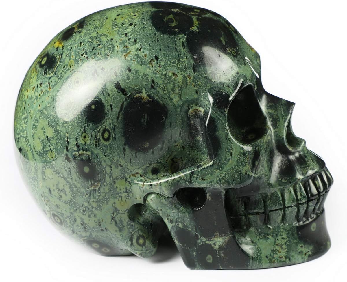 Skullis 5.0" Kambaba Jasper Crystal Skull, Hand Carved Gemstone Fine Art Sculpture, Reiki Healing Stone Statue.