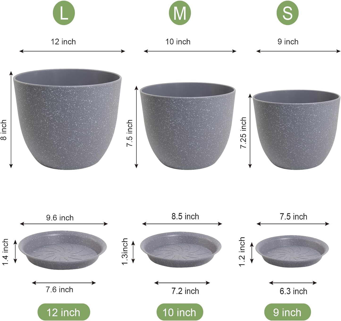 12/10/9 inch Large Plant Pots, 3 Pack Modern Decorative Plastic Planters with Drainage Holes and Saucer for House Garden Plants, Flower Pots for Indoor Outdoor Plants, Speckled Grey