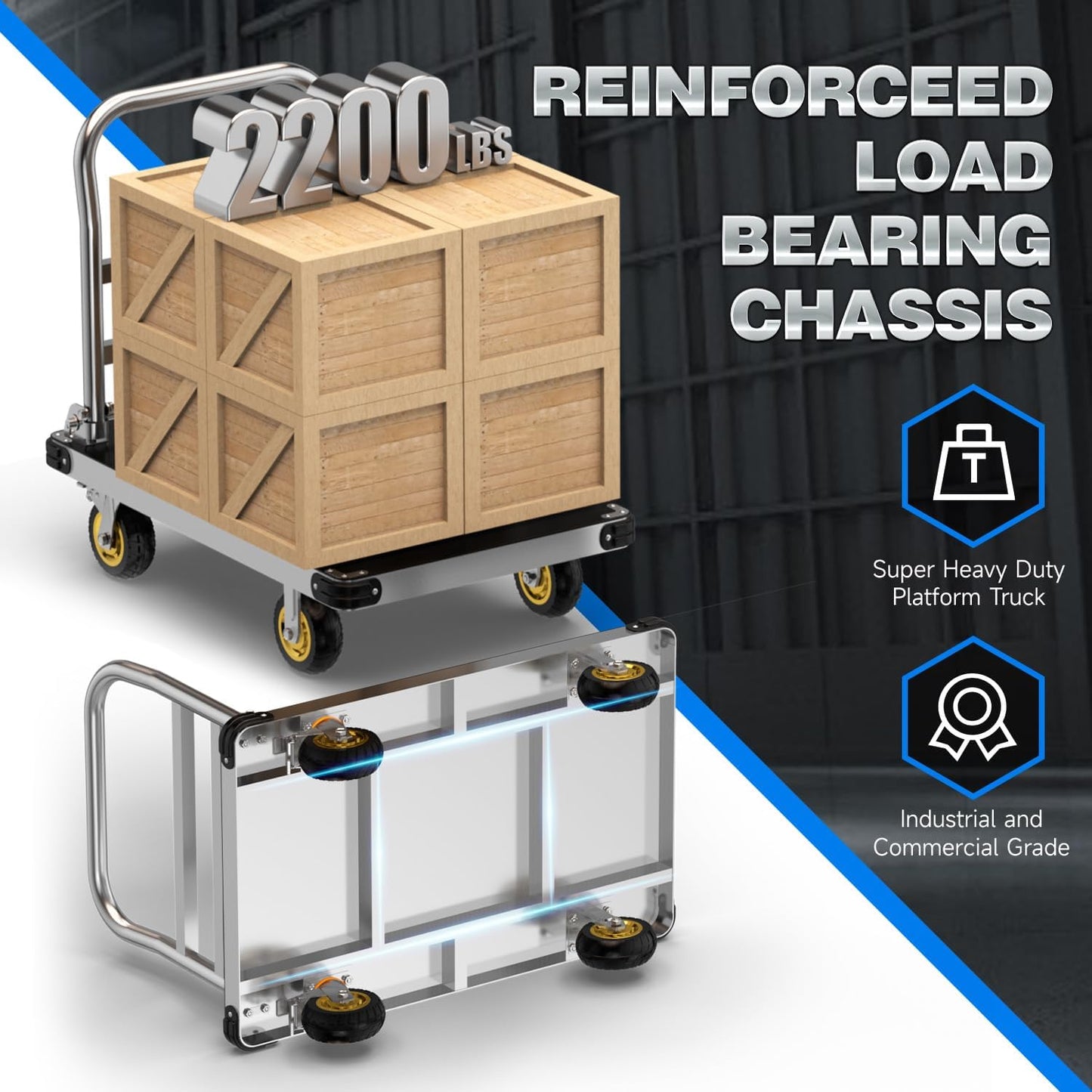 Heavy Duty Platform Truck, 2200 LBS Capacity with Reinforced Bottom Support, 2MM Thick Steel Flatbed with 6'' Swivel Brake Wheels, 36x24 Inch Foldable Push Cart Dolly