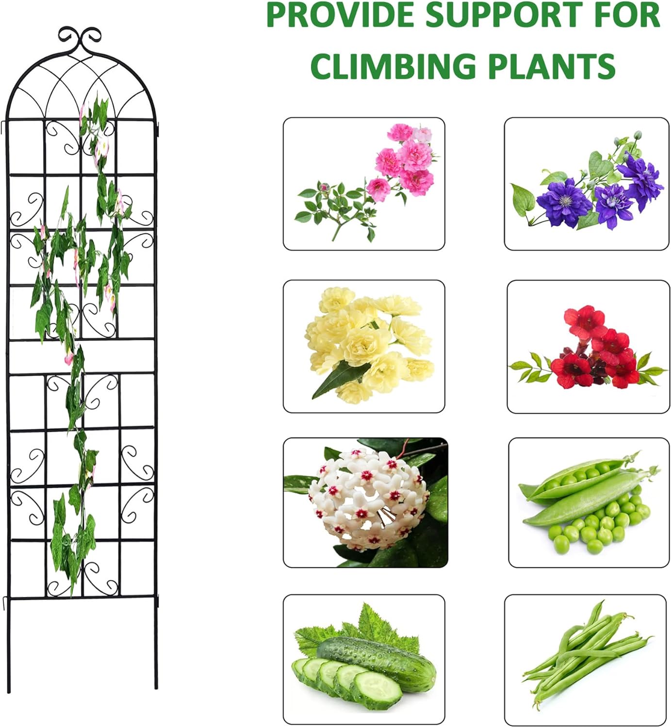 4 Pack Metal Garden Trellis for Climbing Plants, 86.7" Tall Rustproof Outdoor Trellis Panel with Vine Design, Decorative Black Iron Plant Support for Vine, Rose, Flower, Garden Wall