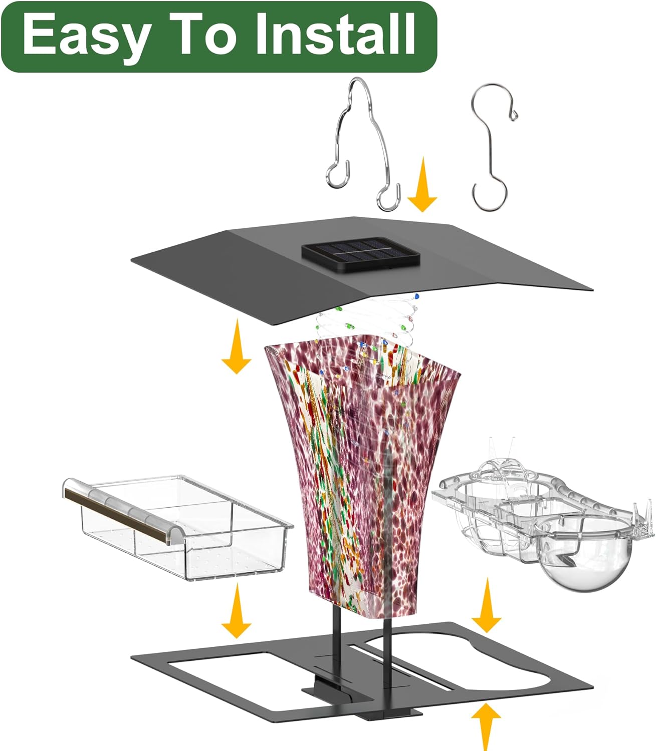 LUJII 6-in-1 Solar Bird Feeder with RGB String Lights, Hand Blown Glass, 2 Removable Trays for Bird Seed, Suet Ball, Mealworm, Oriole Orange Fruit, Jelly or Water, Purple