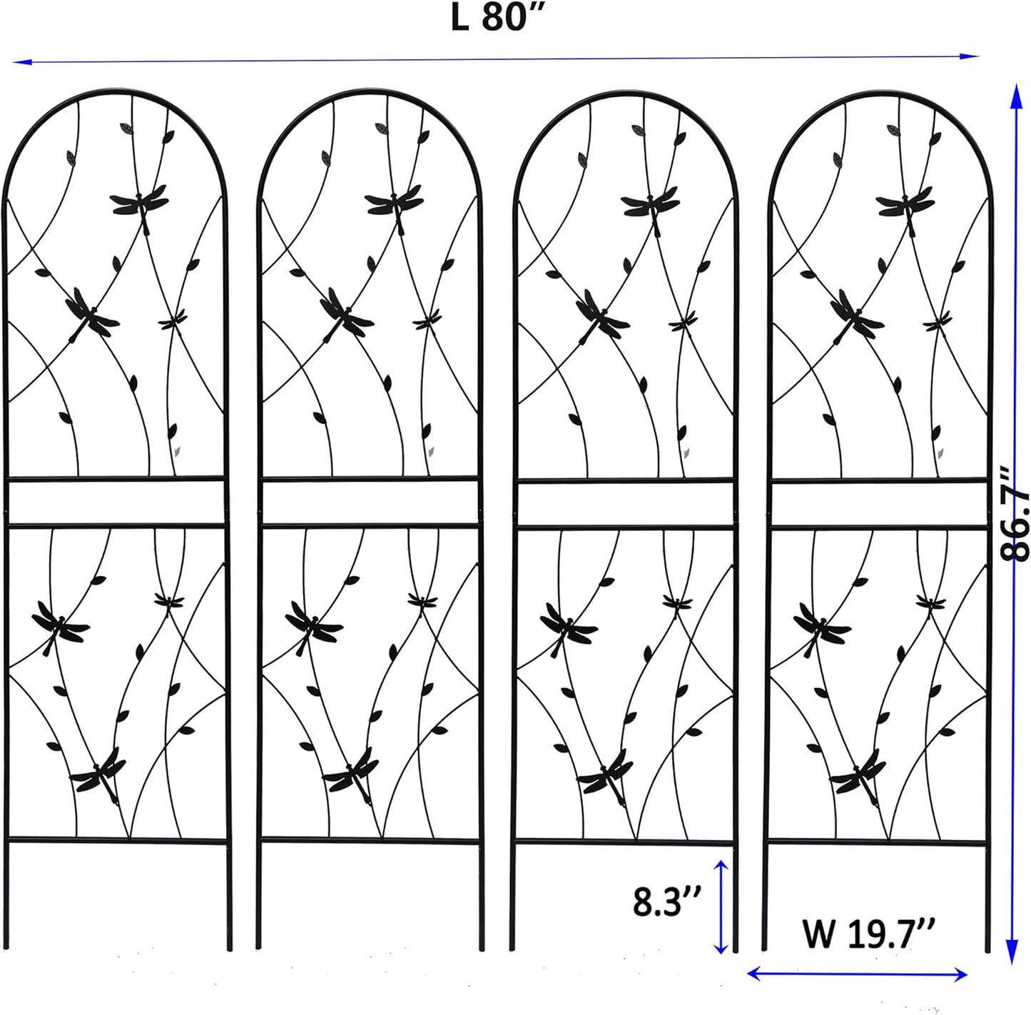 4 Pack Metal Garden Trellis 86.7" Tall Outdoor Climbing Plant Support for Roses, Flowers, Rustproof Durable Black Galvanized Tube, Lawn Garden Fence Decor Screen (4, Black dragonflies-86.7" H)