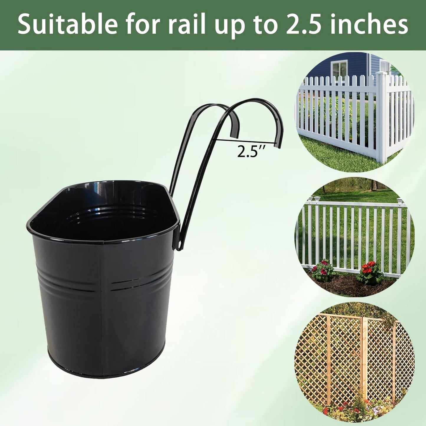 4 Pack Metal Hanging Planter for Outdoor Plants, 10 Inch Black Fence Planters Railing Pots for Garden Patio Balcony Decor, Flower Bucket with Detachable Hooks (Black, 4Pcs)
