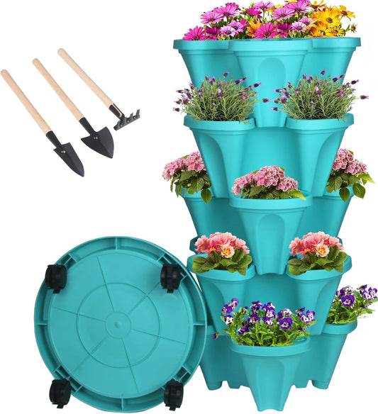 Vertical Planter 5 Tier Stackable Planters Garden Planters Strawberry Herb Flower and Vegetable Planter Indoor Outdoor Gardening Pots with Removable Wheels and Tools