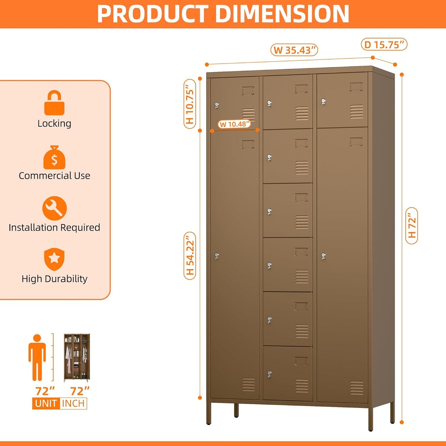 72" H Metal Storage Lockers with Doors,Industrial Combination Employee Lockers with Hooks for Office,Home Gym,School,Assembly Required,8+2Doors,Coffee