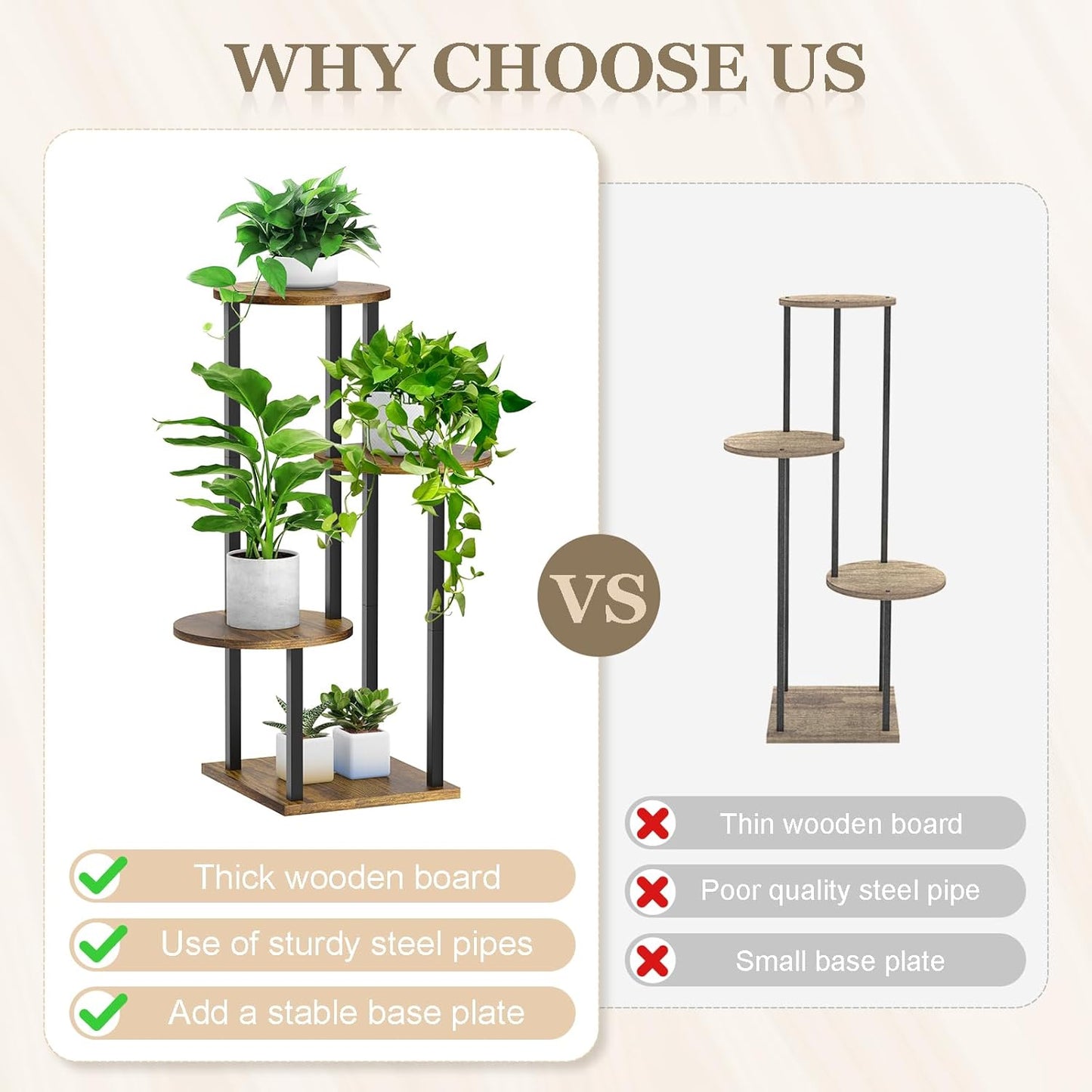 4 Tier Plant Stand Indoor, Metal Wooden Tall Plant Shelf Flower Pot Stand for Multiple Plants, Corner Flower Holder Plant Display Rack for Living Room Balcony Patio Garden (Rustic Brown)