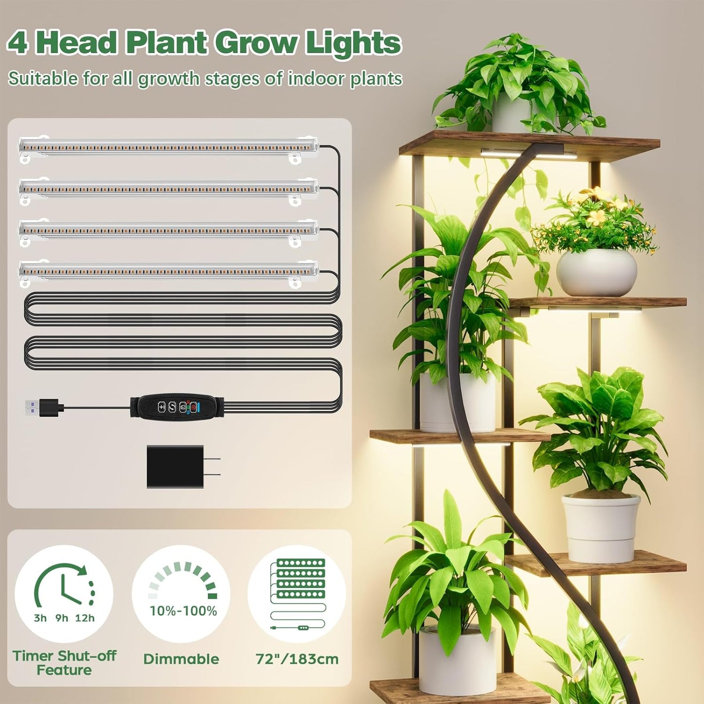 59" Tall Plant Stand with Grow Light Indoor, 7 Tiered Metal Plant Shelf, S-Shaped Flower Display Stand, Corner Storage Shelf for Living Room, Patio, Balcony Decor