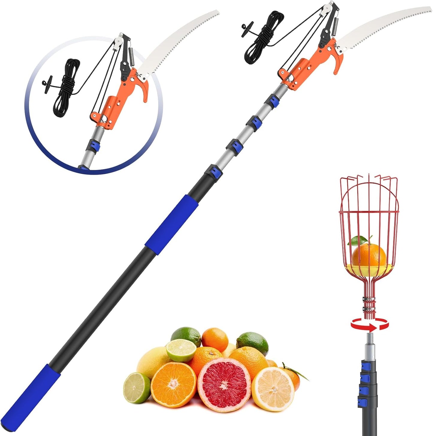 26FT Reach Pole Saw, Telescoping Tree Trimmer with 5-20FT Extension Pole, Sharp Steel Blade and Scissors, Fruit Picker, Extendable Long Handle Tree Pruner for Yard Garden Trees Palms Shrubs