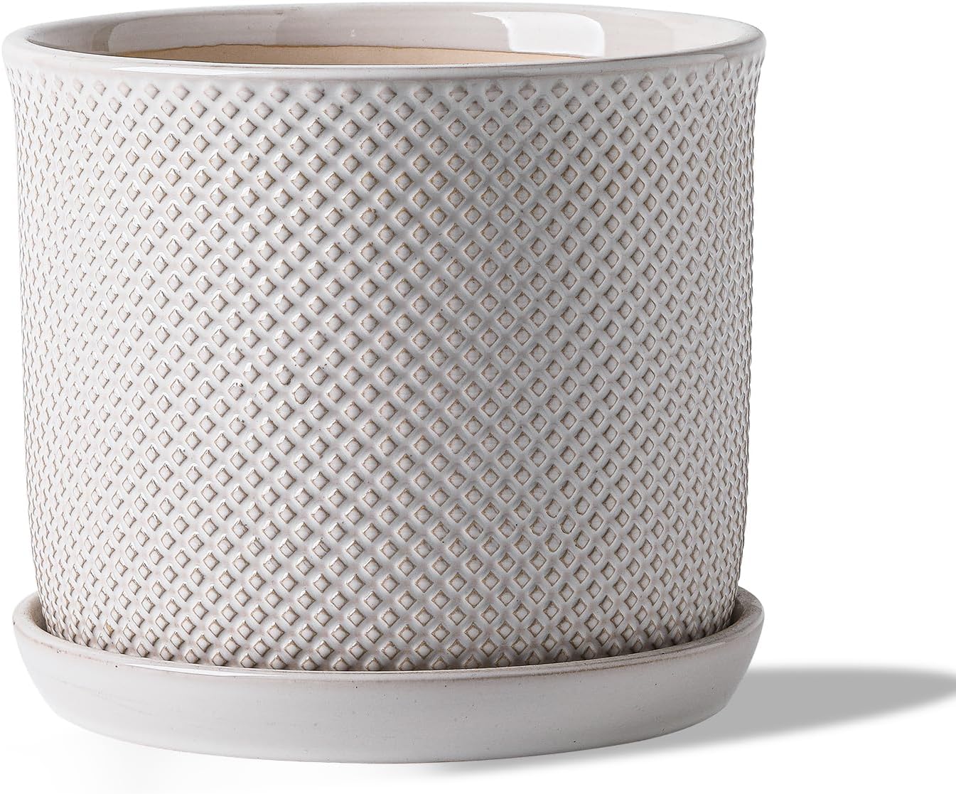 8 Inch Plant Pot: Ceramic Planter with Drainage Hole & Saucer Indoor Outdoor Plants - Flowerpot with Bonded Tray for Home Office - Beaded Embossed Style, Cream White