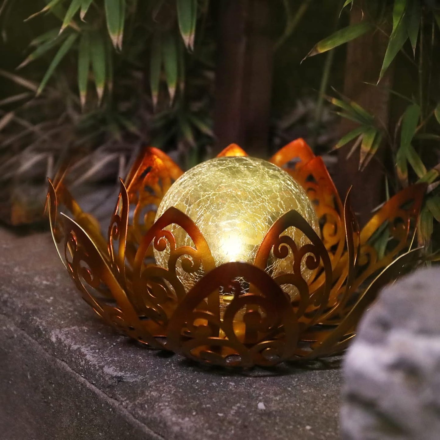 Bshine Solar Outdoor Garden Lotus Decorative Light, Waterproof Metal Cracked Glass Globe LED Lotus Light for Tabletop Decor, Walkway, Lawn Ornaments and Garden, Housewarming Gift (Yellow)