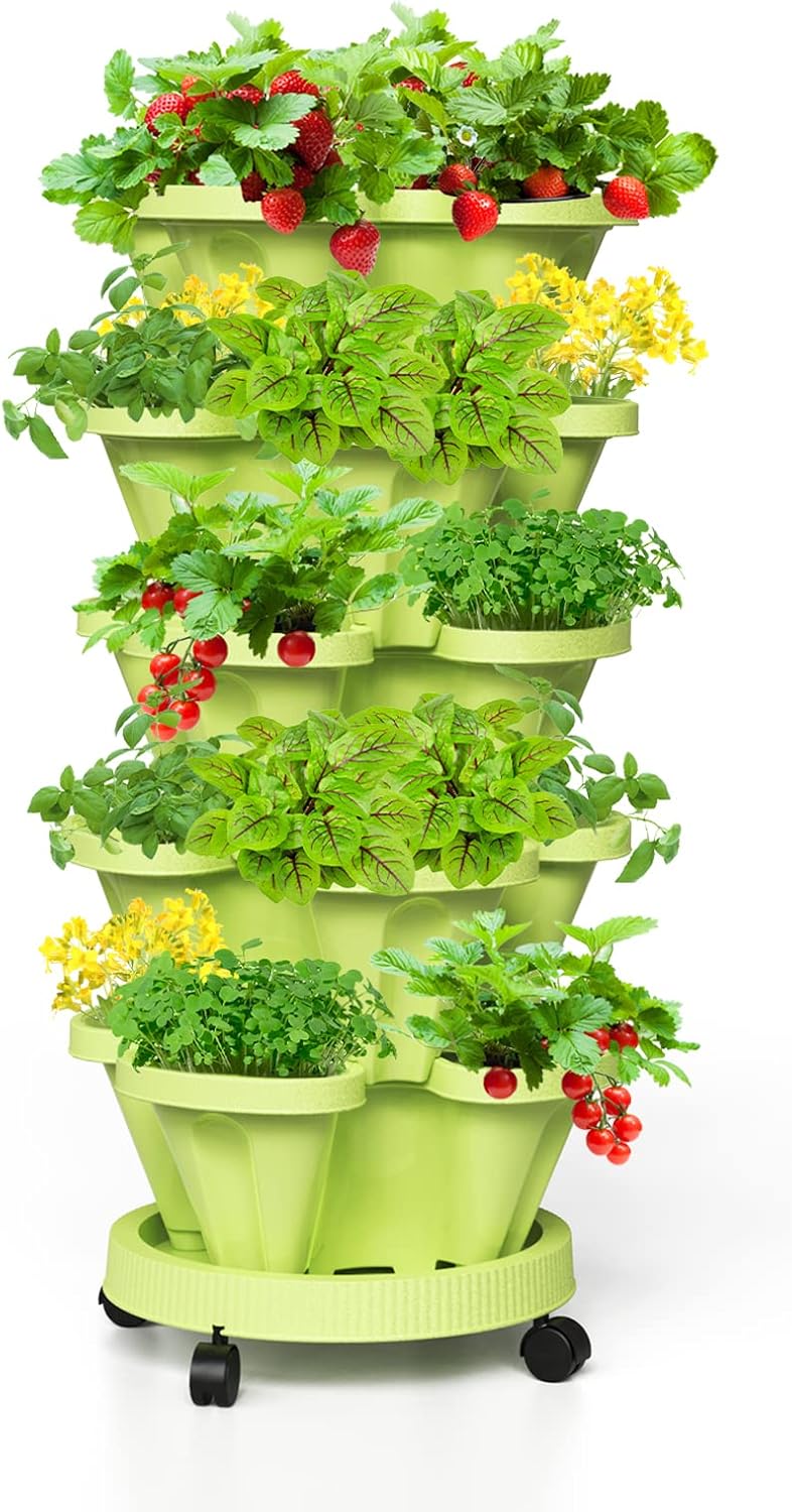 Strawberry Stacking Planters, Vertical Garden Tower, 5 Tiered Stackable Herb Vegetable Planters with Movable Casters and Bottom Saucer Indoor and Outdoor - Green