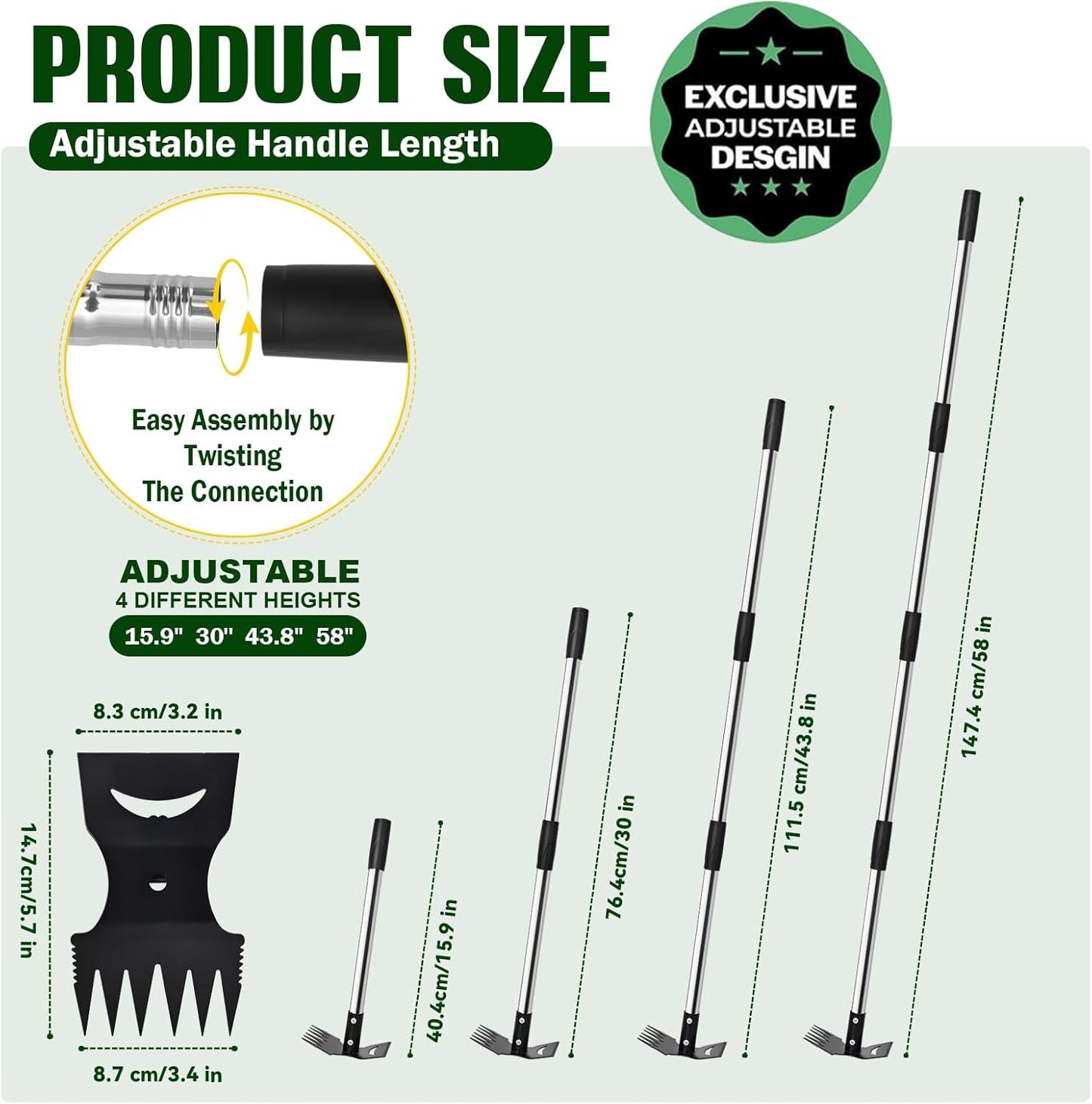 Weed Puller Tool with Long Handle - 58" Manual Weeder Remover Tool, 2 in 1 Hand Weed Rake and Garden Hoe for Gardening, Heavy Duty Uprooting Weeding Pull for Yard, Lawn, Patio and Garden