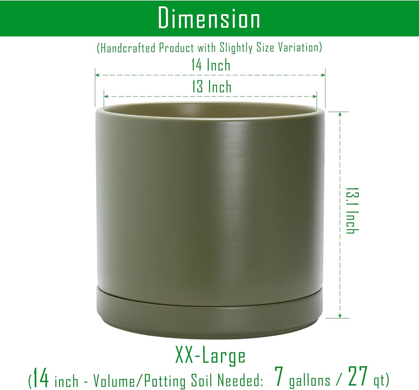 D'vine Dev 14 Inch Ceramic Planter Pot with Drainage Hole and Saucer, Indoor Cylinder Round Planter Pot, Olive, 94-O-G-J