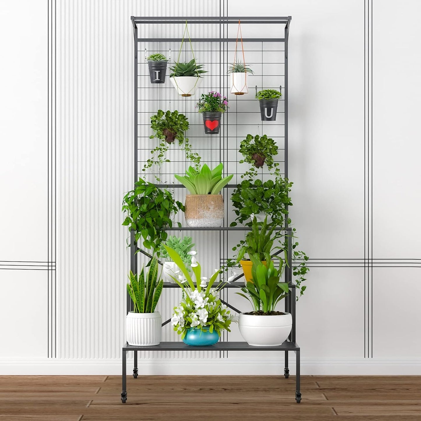 Zhongma 3 Tier Large Heavy Duty Plant Stand with wheels, Tall multi layer Plant Holder with Hanging Plant pot shelf, 35.43 x 33.27 x 80.7inch, Each Tier: 35.43 L x 10.5W, Easy to Hold Large Plant Pot
