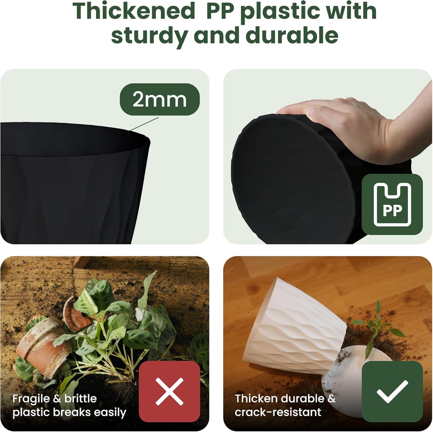 8/7/6/5/4 Inch Plant Pots with Drainage Holes, Setof 5 Plastic Planters for Indoor Outdoor Plants,Indoor Flower Pots, Nursery Planting Pot for Garden OfficeHome Decor(Black, 8/7/6/5/4)