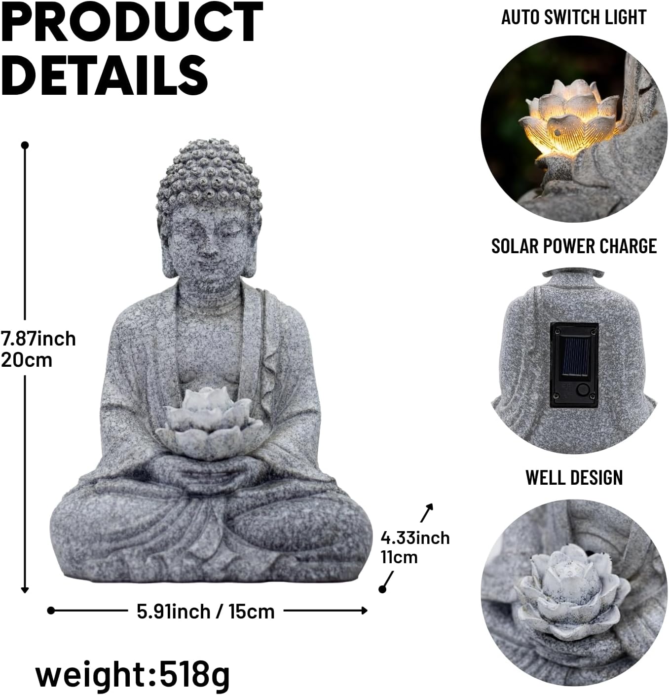 Buddha Lotus Statue with Solar Lights, Resin LED Figurine for Garden Decor – Unique Gift for Women and Friends(Grey Buddha)