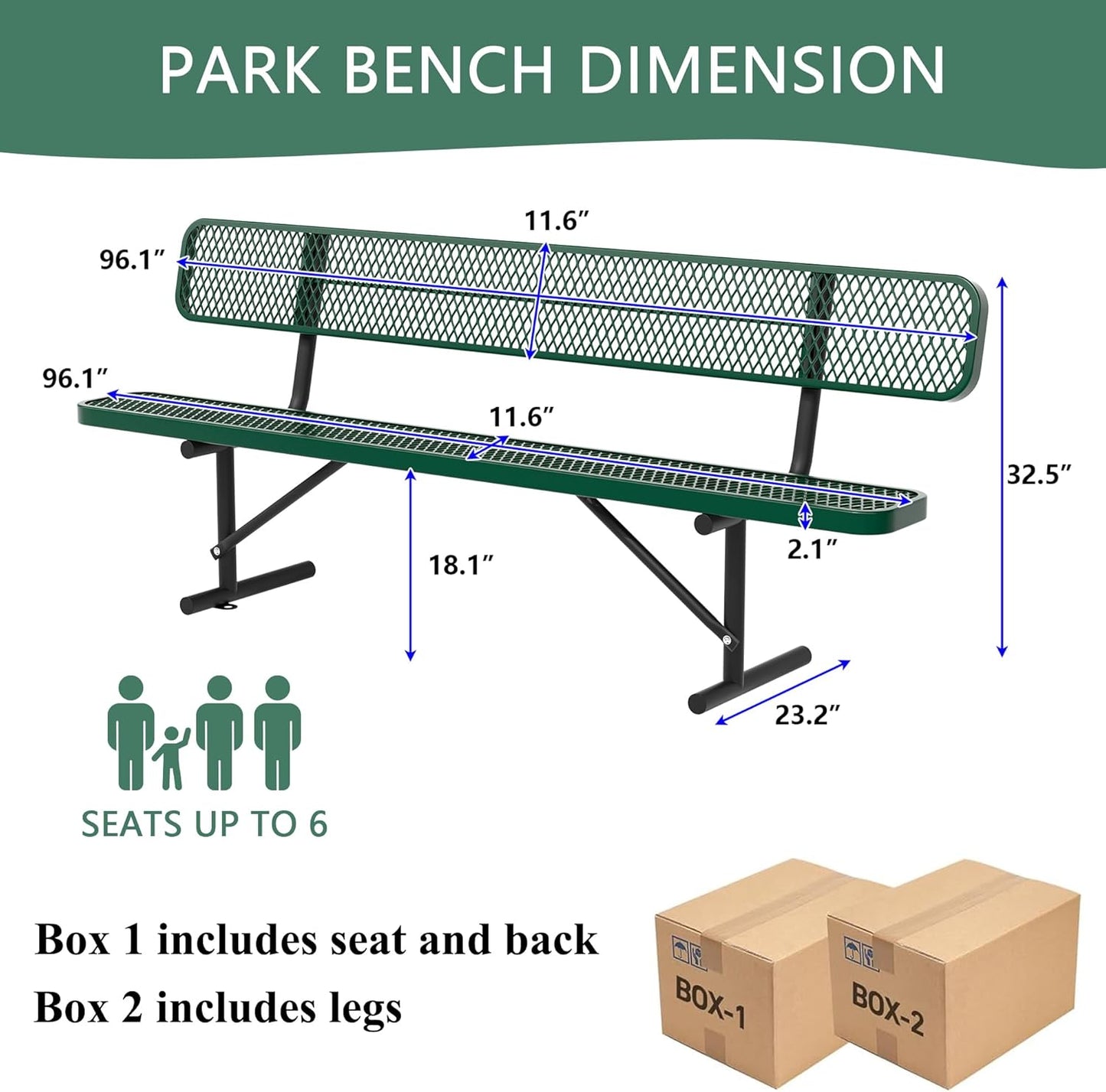 8 Feet Heavy Duty Metal Park Bench for Outside, Outdoor Bench with Backrest & Portable Frame, Commercial Benches for Shopping Malls, Stores, Parks, Patios, Decks, Green