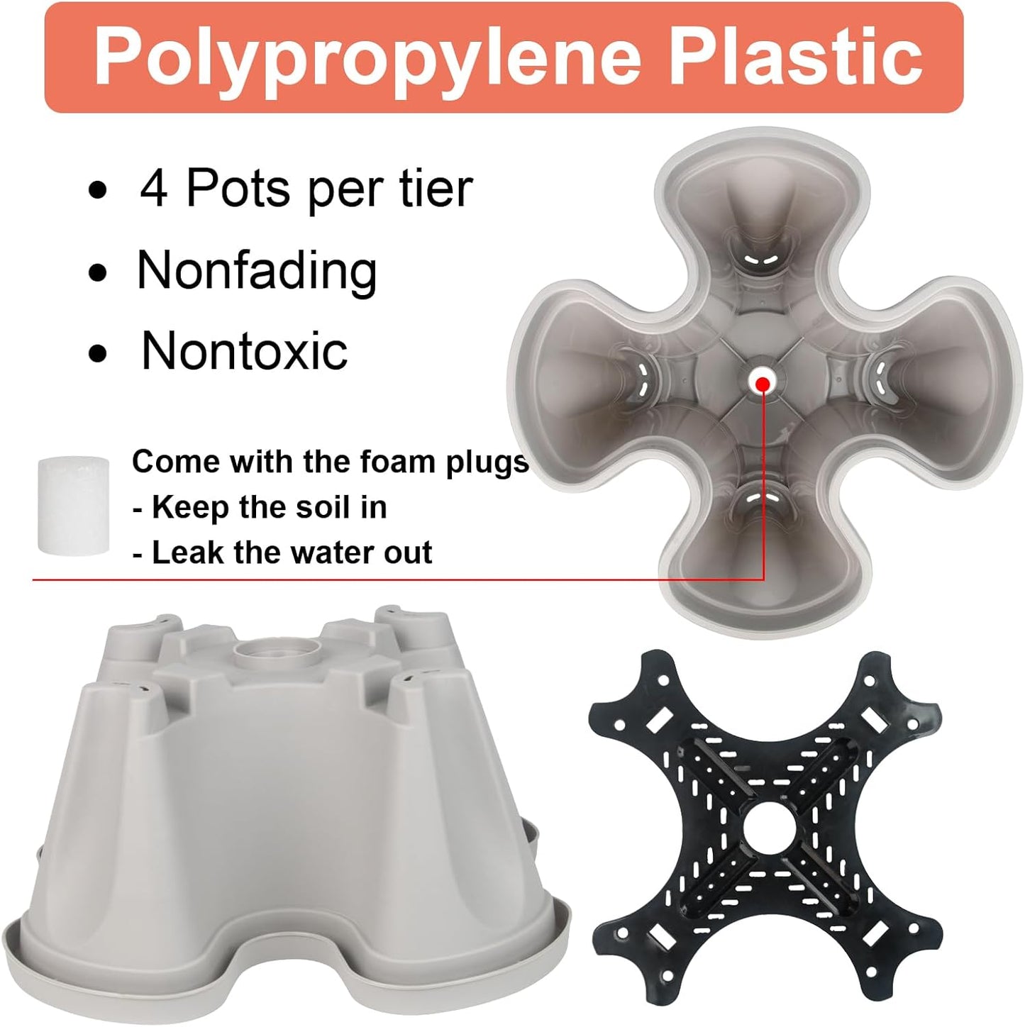 Strawberry Planter 5 Tier Stackable Planters - Vertical Garden Planting Tower Planters for Herb, Flower, and Vegetable Planter Indoor Outdoor Gardening Pots with Removable Wheels and Tools, Gray