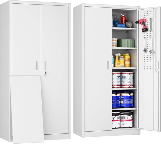 71"H×34"W×18"D Metal Garage Storage Cabinet with Lock and Pegboard, Steel Lockable File Cabinet with 2 Doors and 5 Adjustable Shelves for Office,Home,Garage, Storage, Assembly Required, White