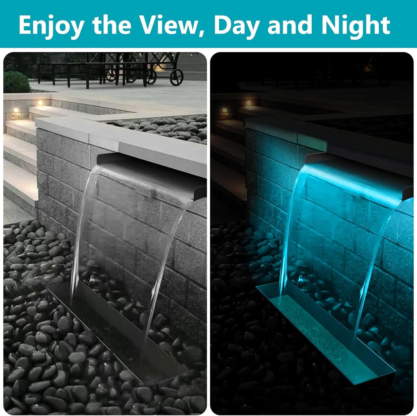 All-in-1 Pond Waterfall Kit with LED Lights, 8 inch Stainless Steel Spillway with 600GPH Water Pump, Outdoor Waterfall Fountain for Water Feature, Garden, Backyard, Pool