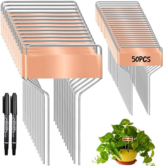 50 PCS Metal Plant Label Stakes Copper Metal Plant Tags 4 Inch Metal Garden Markers Waterproof Copper Plant Metal Labels with 2 Maker Pen for Flowers Garden Plant Vegetables Seedlings, Gold