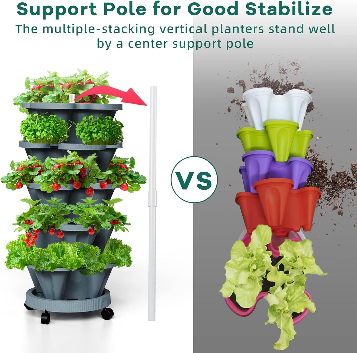 Strawberry Vertical Planters Tower Garden, 5 Tiered Stacking Planter with Support Pole, Stackable Herb Vegetable Planters Indoor and Outdoor - Dark Grey