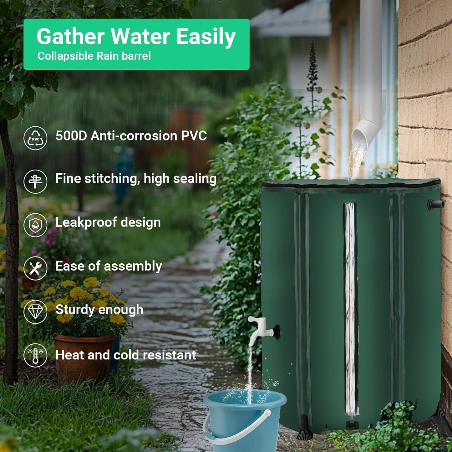 50 Gallon / 200L Collapsible Rain Barrel, Foldable PVC Rain Barrels to Collect Rainwater from Gutter, Portable Water Storage Tank Container with Hose Spigot, Water Catcher Collector Green