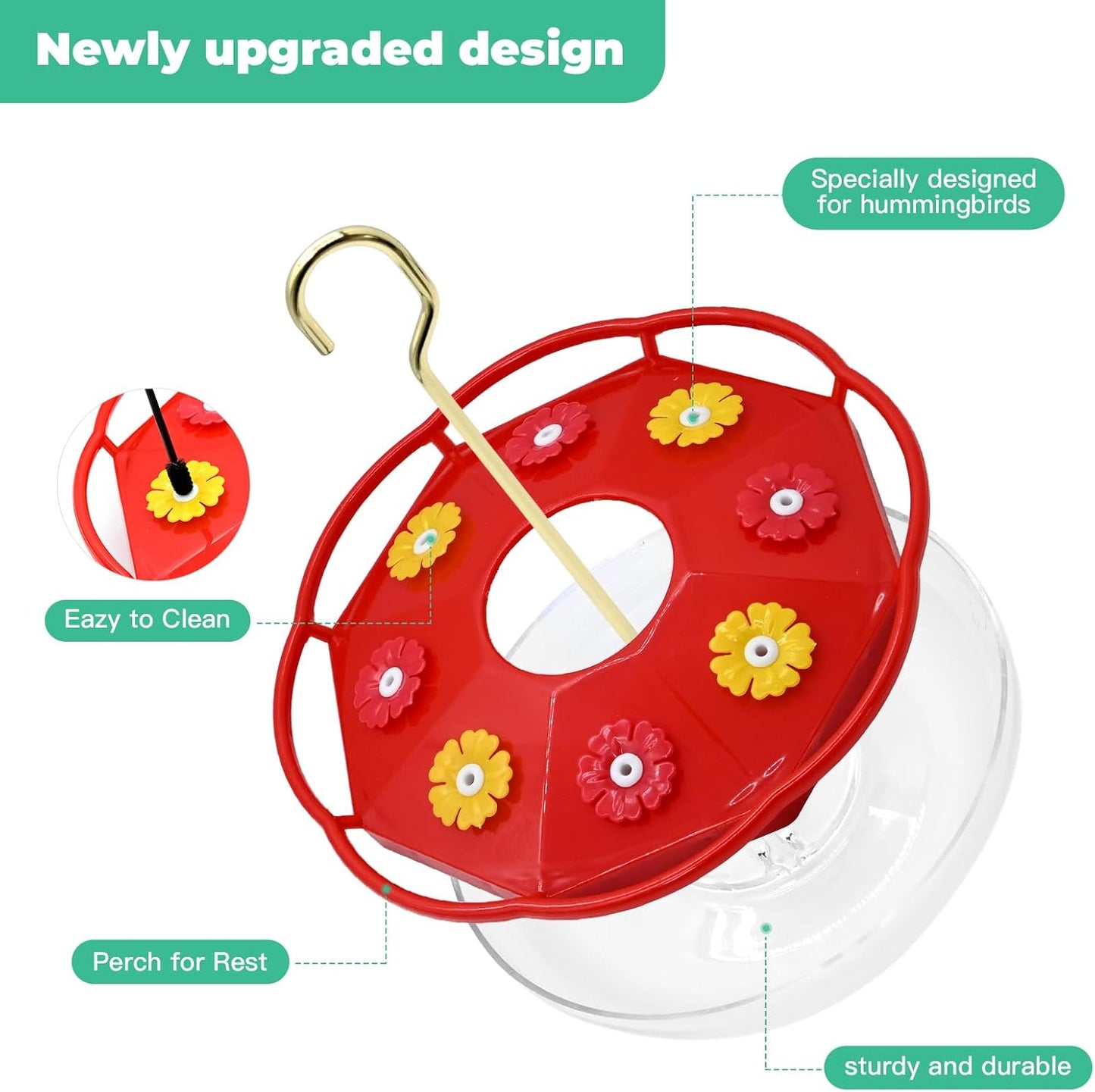 Hummingbird Feeders for Outdoors 12 OZ Bee Proof Plastic Humming Bird Feeder 8 Feeder Ports,with Perch with Ant Moat,Easy to Clean with Cleaning Brushes Red