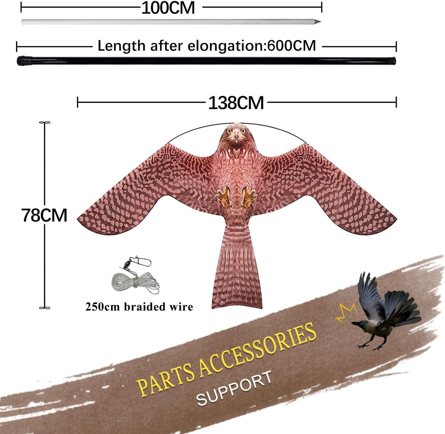 Bird Hawk Flying Kite with Pole Crops Farm Protector Bird Scarer Flying Kite with 6m Pole-Style A