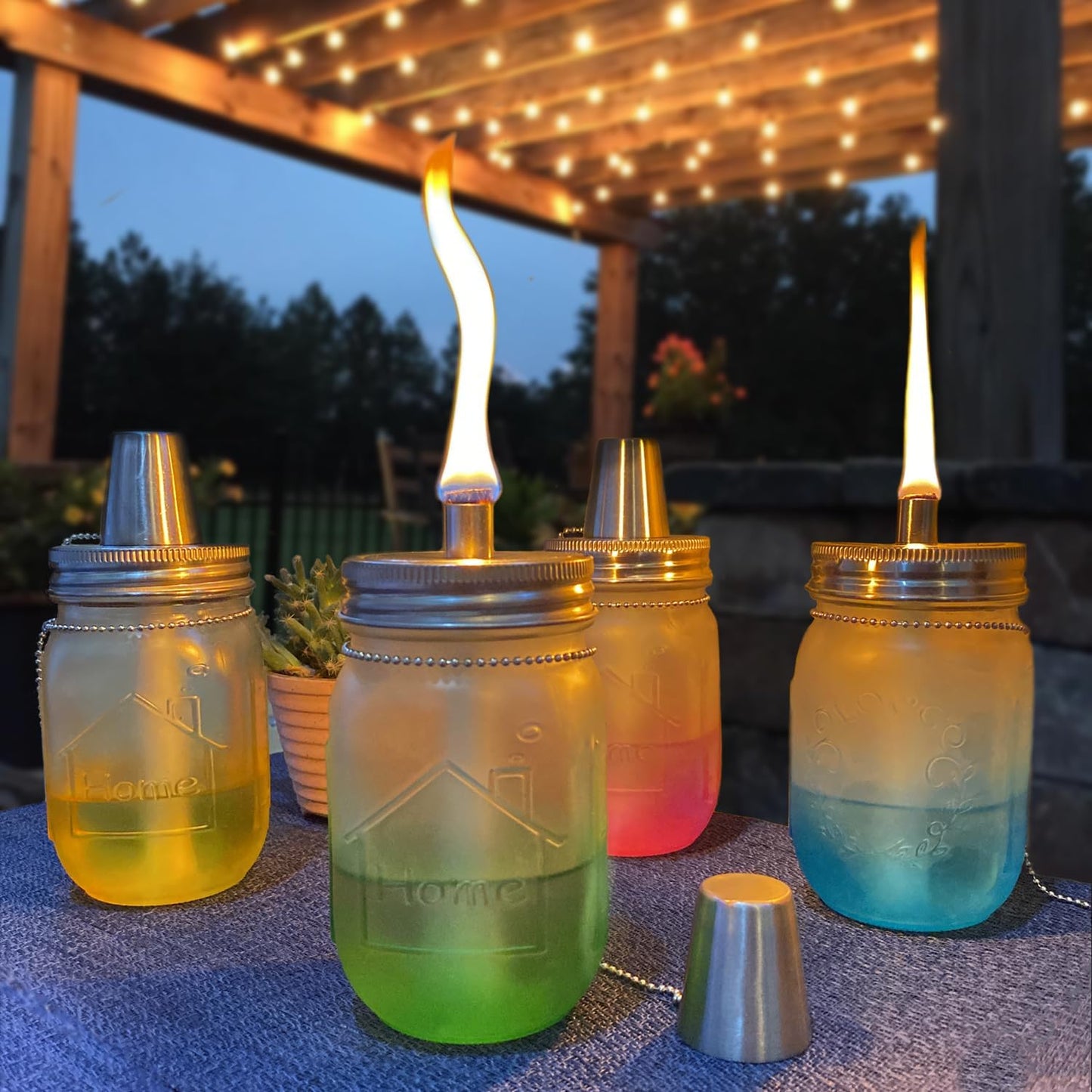 Mason Jar Tabletop Torch Kits,4 Pack Longlife Fiberglass Wicks,Stainless Steel Mason Jar Lids Caps Included,Outdoor Deck Oil Lamp Torch
