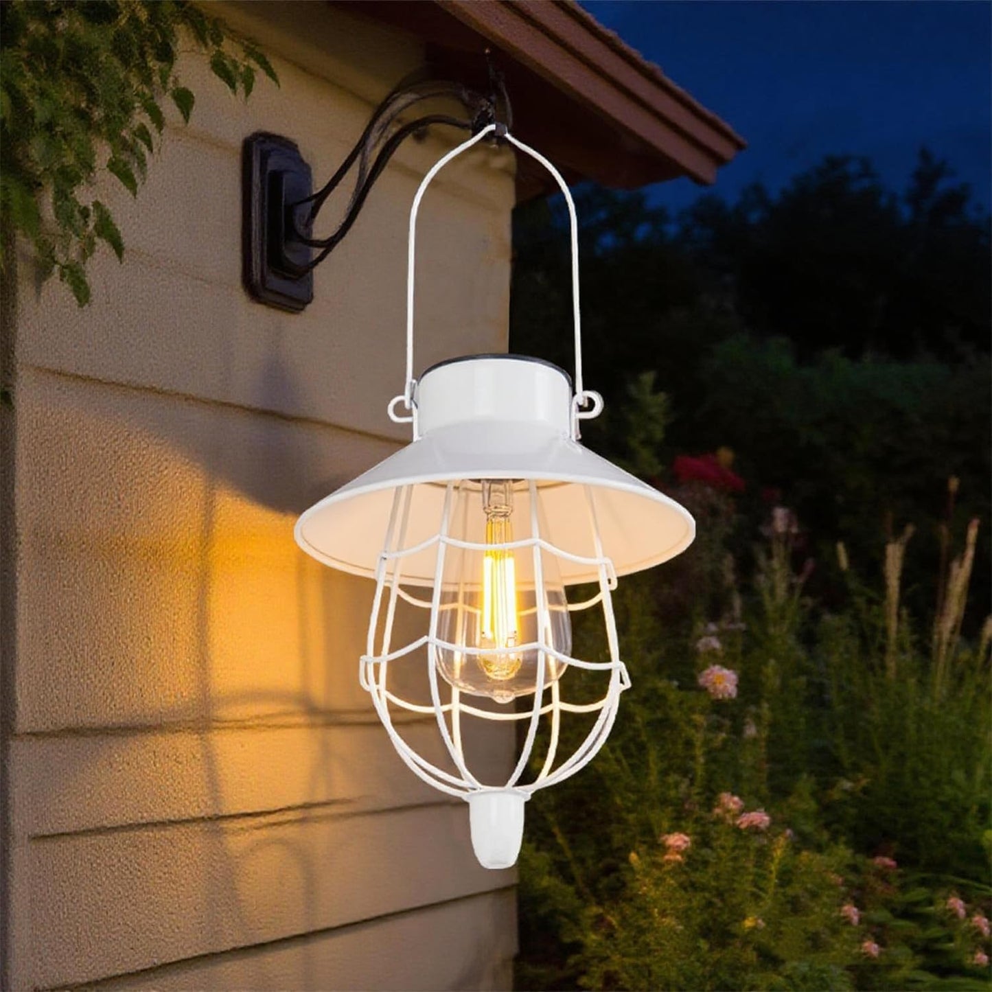 YAKii 2 Pack Solar Lantern Hanging Waterproof Outdoor Metal Solar Lamp with Warm White Light Decorate for Yard Garden Pathway Patio Porch Decor (White)