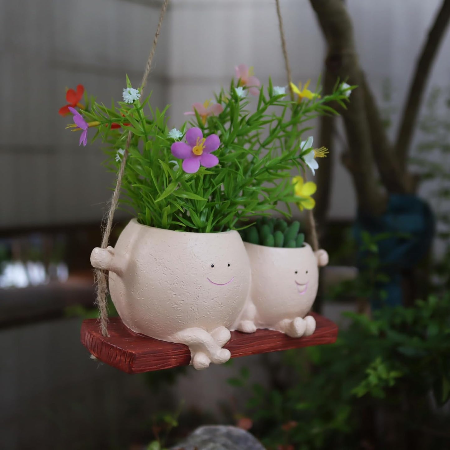 Hanging Planter Swinging Face Planters, Unique Head Flower Pots for Indoor Outdoor Plants, Cute Face Vase Funny Fence Wall Planter Succulent Pots