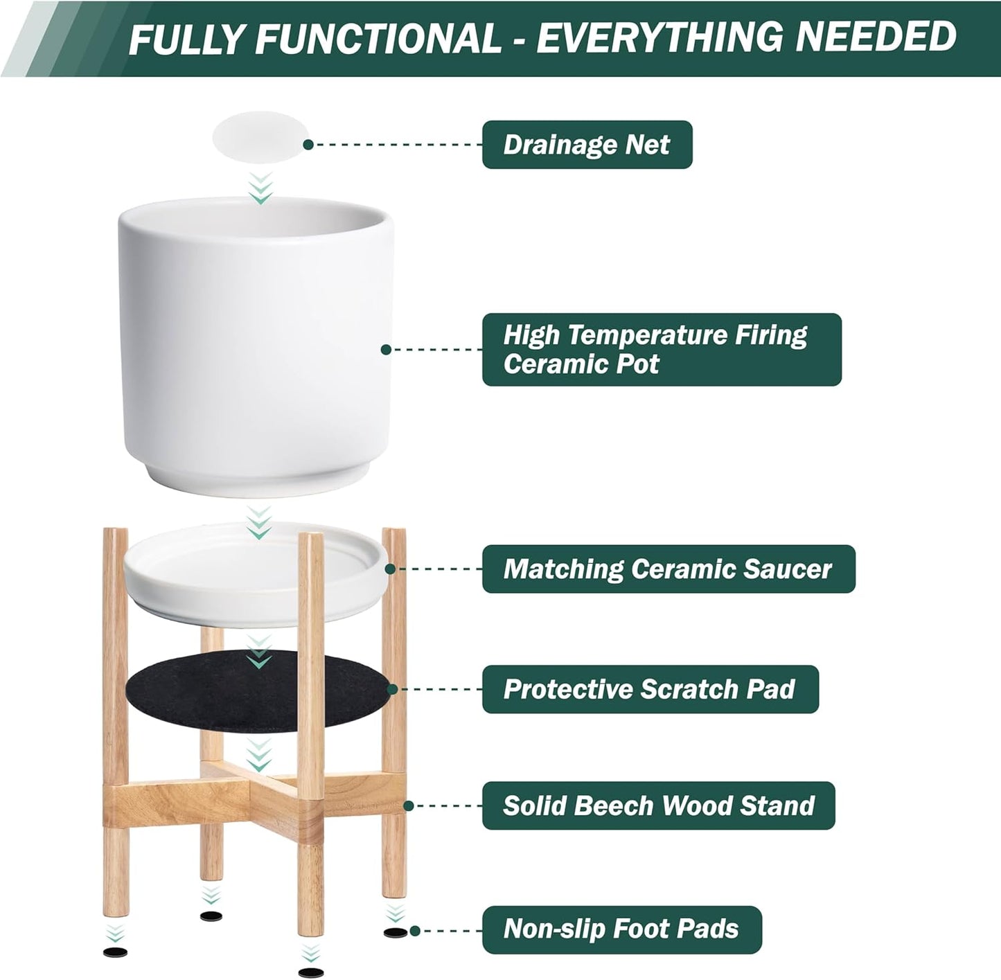D'vine Dev Ceramic Planter with Natural Stand - 12 Inch Modern Round Flower Pot with Wood Planter Holder, White, 55-B-J-1