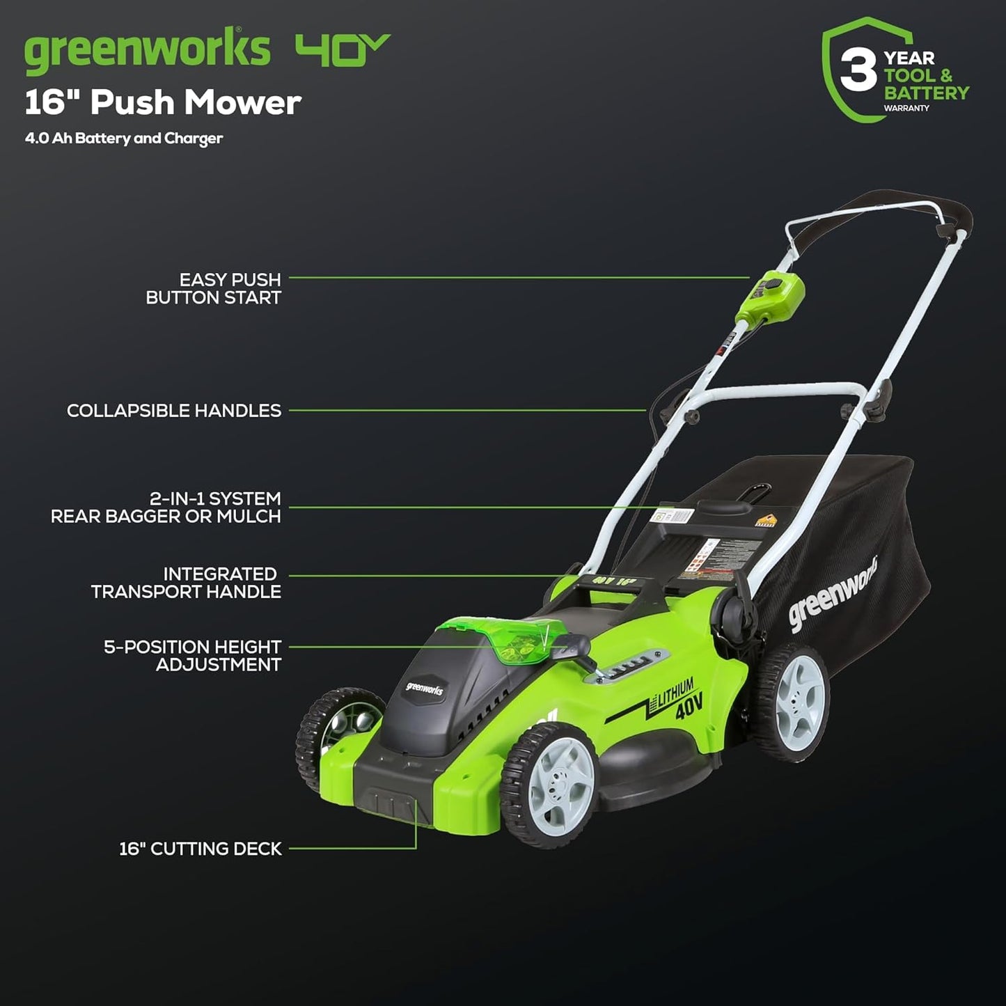 Greenworks 40V 16" Cordless Lawn Mower, Ultra-Light Push Mower with 4.0Ah Battery & Charger(75+ Tool Compatibility, 45Min Runtime)