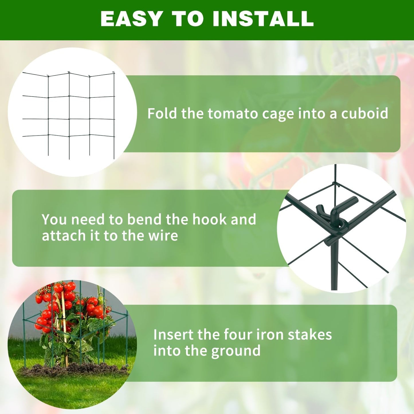 6 Packs Tomato Cages for Garden, 12"×12"×39" Plant Support Cage with Different Spacing, Green Metal Trellis for Climbing Plants Like Cucumber, Flowers