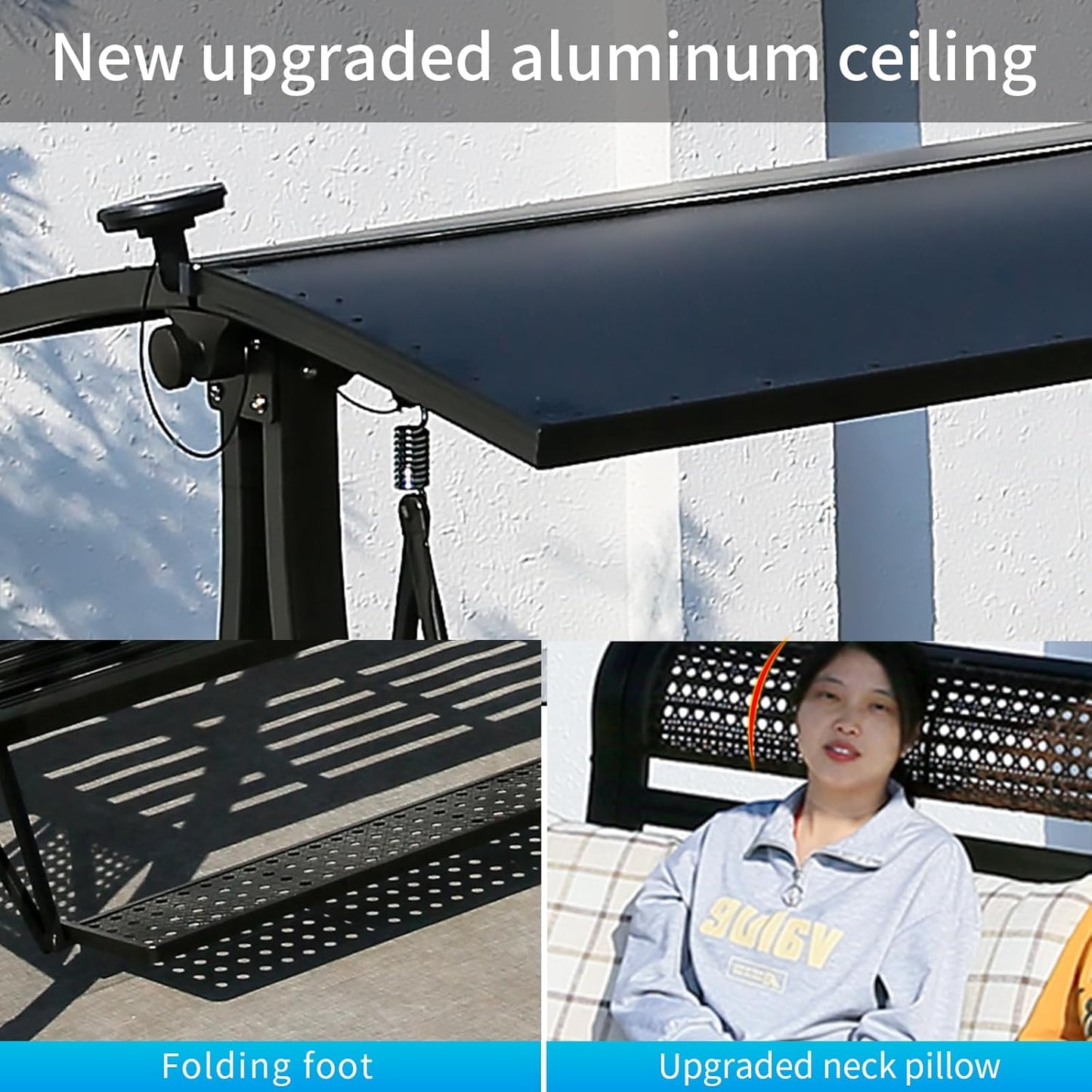 2/3-Seat Outdoor Patio Porch Swing with Adjustable Aluminum Alloy Canopy Solar Patio Swing Chair Bench with Footrest Side Cup Holder for Backyard Lawn (Elite Red Copper - 3 Seat)