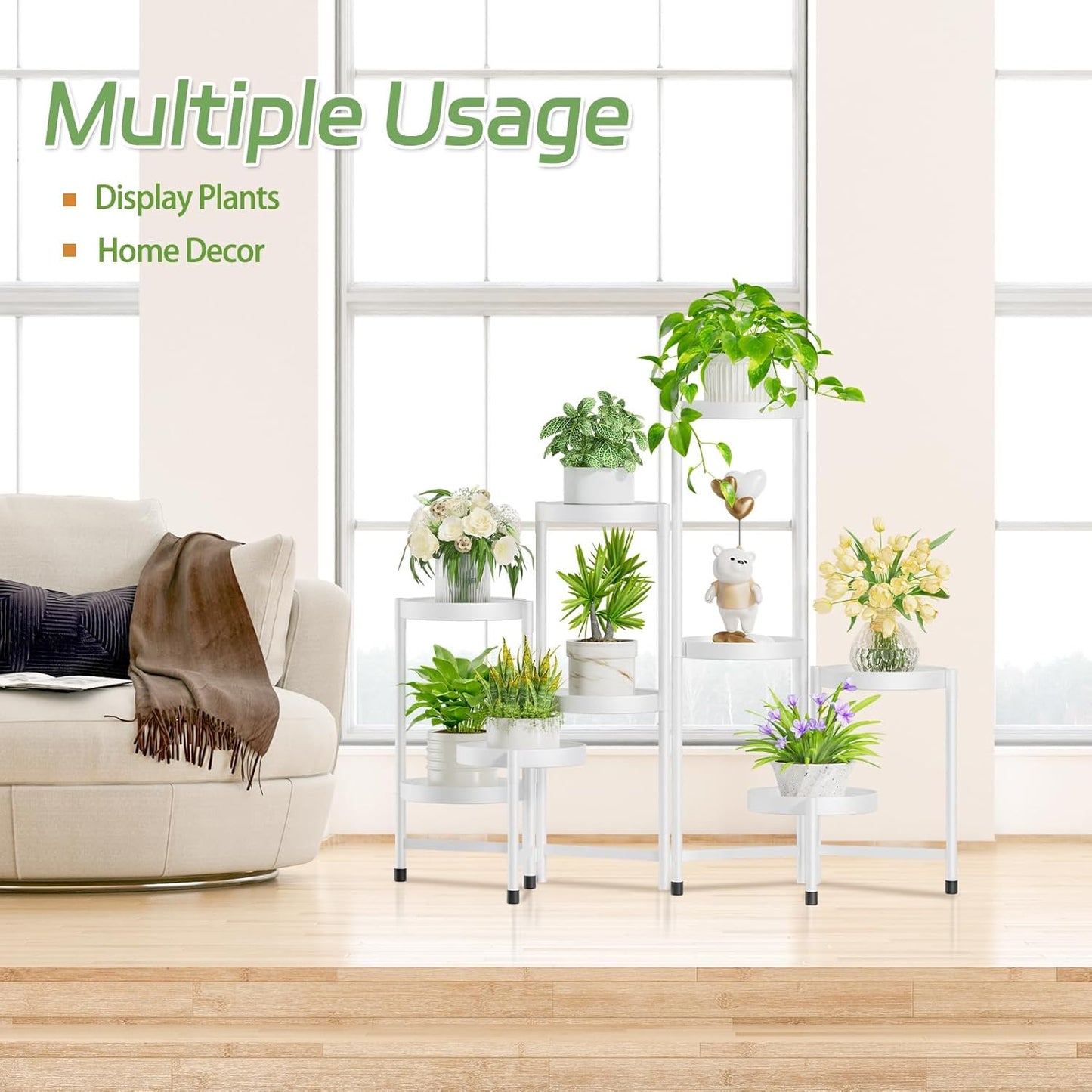 iDavosic.ly Plant Stand Indoor Outdoor, 9 Tier Corner Metal Flower Display Holder Shelf, Folding Tall Orchid Rack for Patio Balcony Porch Garden Living Room House, White