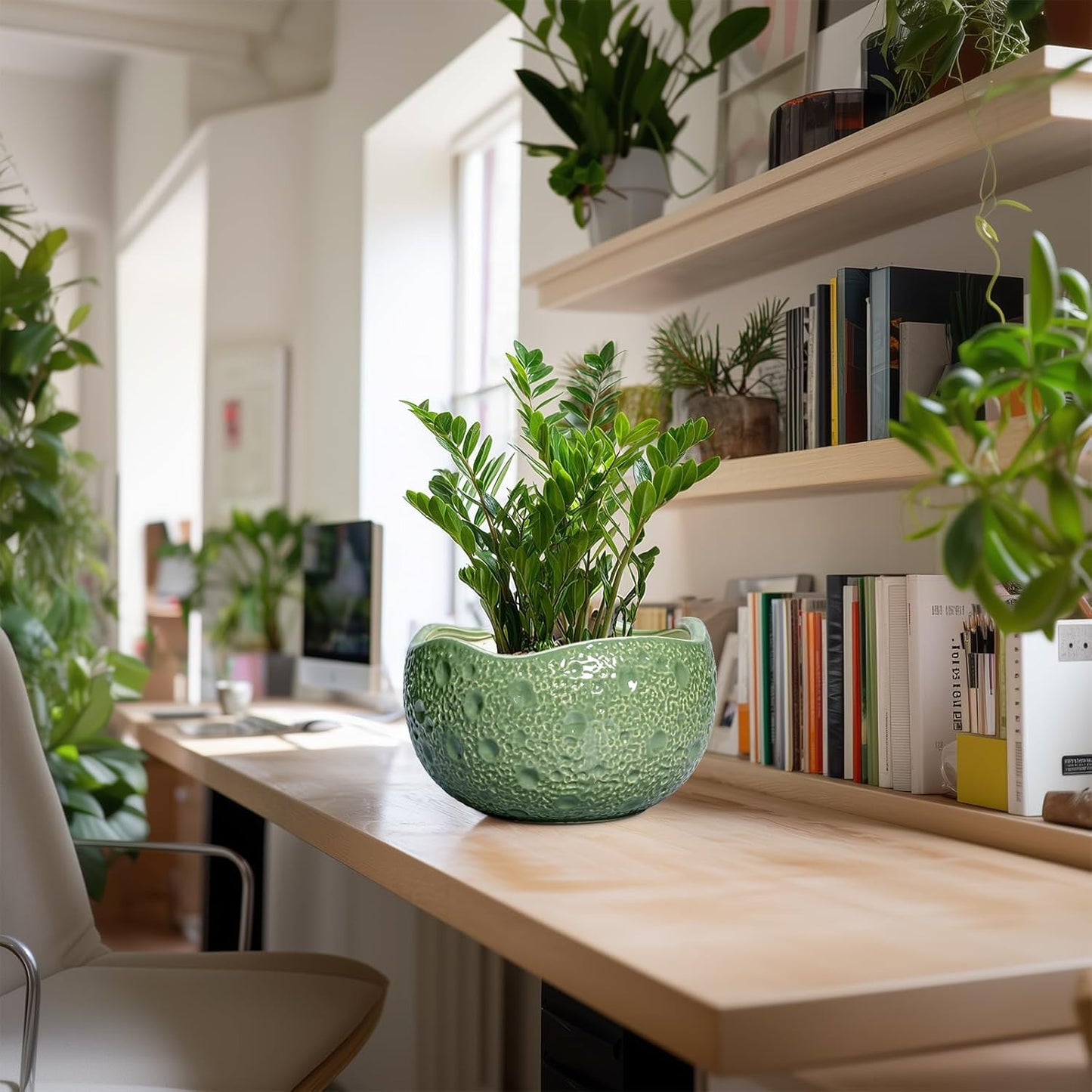 Ceramic Pots for Plants - 10 Inch Plant Pot for Indoor Outdoor, Round Bonsai Pots with Drainage Hole, Modern Planter, Decorative Flower Pot, Living Room Decor, Gifts for Plant Lovers, Green