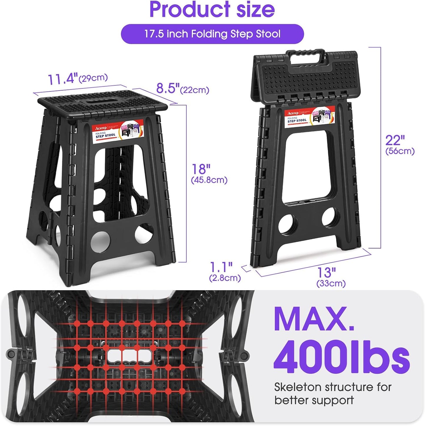 ACSTEP 17.5 Inch Folding Step Stool for Adults and Kids, Non-Slip Plastic Foldable Stepping Stool, Collapsible Folding Stool with Handle Holds Up to 400lbs for Kitchen, Dot Black (1 Pack)