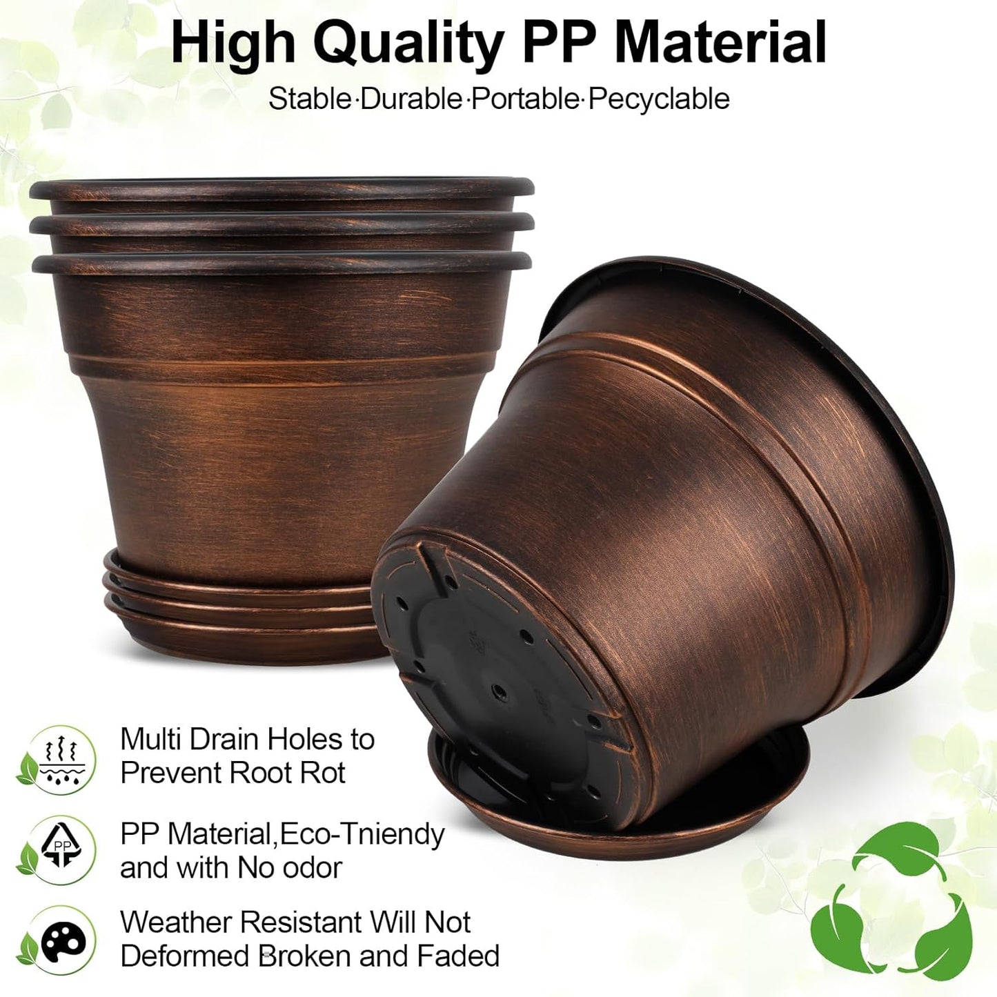 Plant Planters Pots Set of 4 Pack 13 Inch，Large Plastic Flower Pot for Indoor Plants with Drainage Holes & Trays, Resin Decorative Container Sets with Saucer for House Outdoor Garden Plant Copper