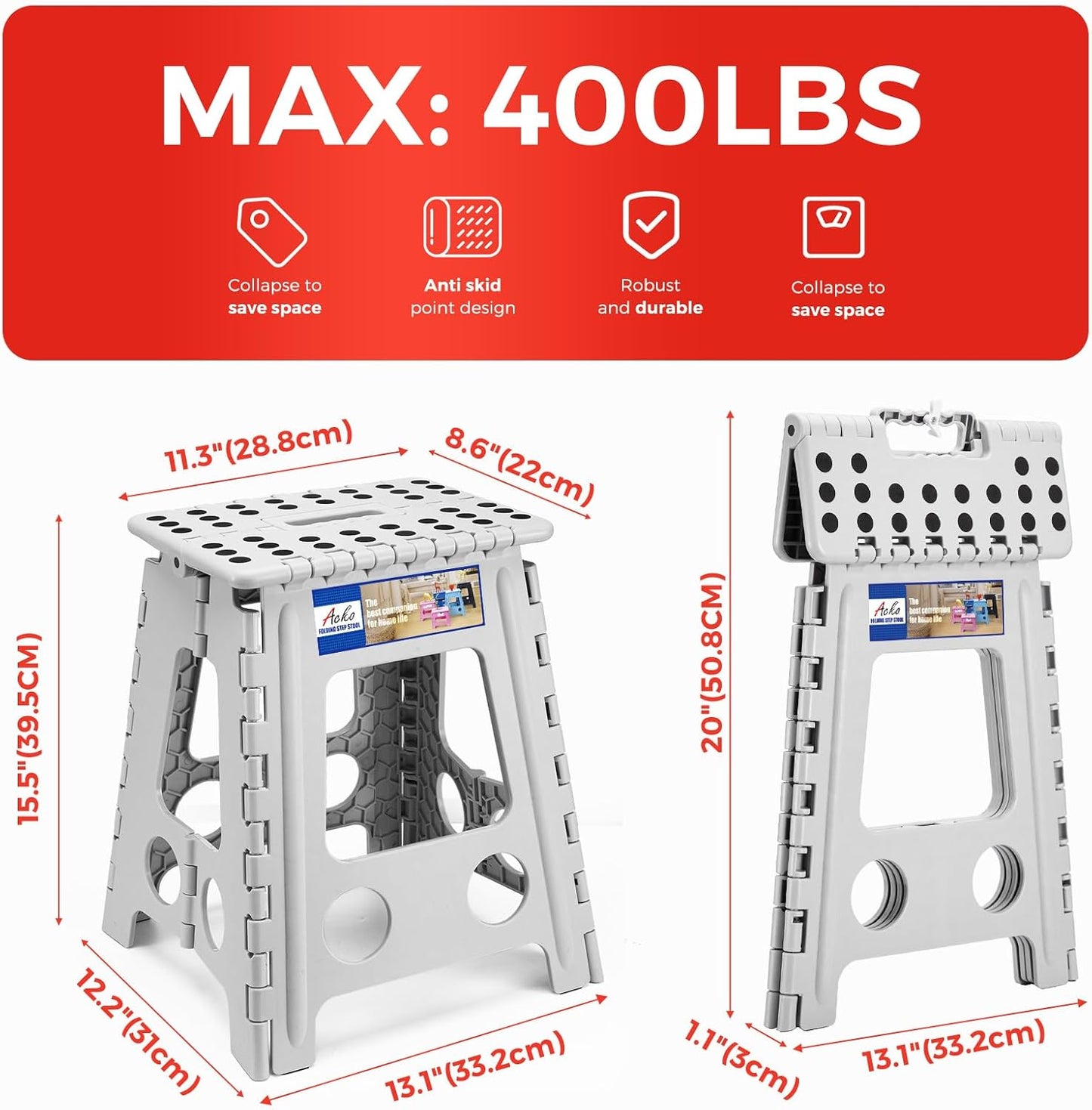 ACKO Folding Step Stool Foldable 16 Inch 400 lbs Capacity, Plastic Stools for Adults and Kids, Collapsible Stools for Kitchen, Stepping Stool with Handle(Grey)