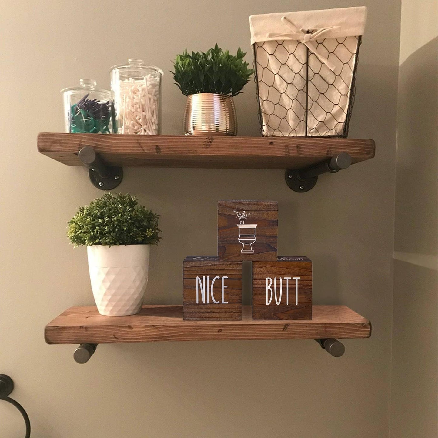 Farmhouse Bathroom Decor, Wooden Cute Restroom Home Decoration, Funny 4-Sided Mordern Rustic Bathroom Blocks, Nice Butt&Get Naked&Hello Sweet Cheeks&Wash Your Hands Sign, Brown 2.8"