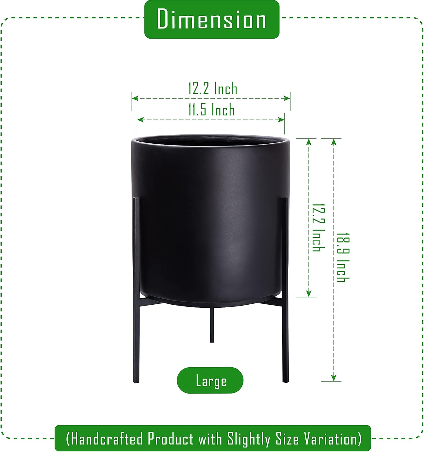 D'vine Dev Modern Black Plants Pot Cylinder Planter with Heavy Duty Stand, Large 12 Inch Pot, 17.6 Inch with Stand Height, 96-T-B-3