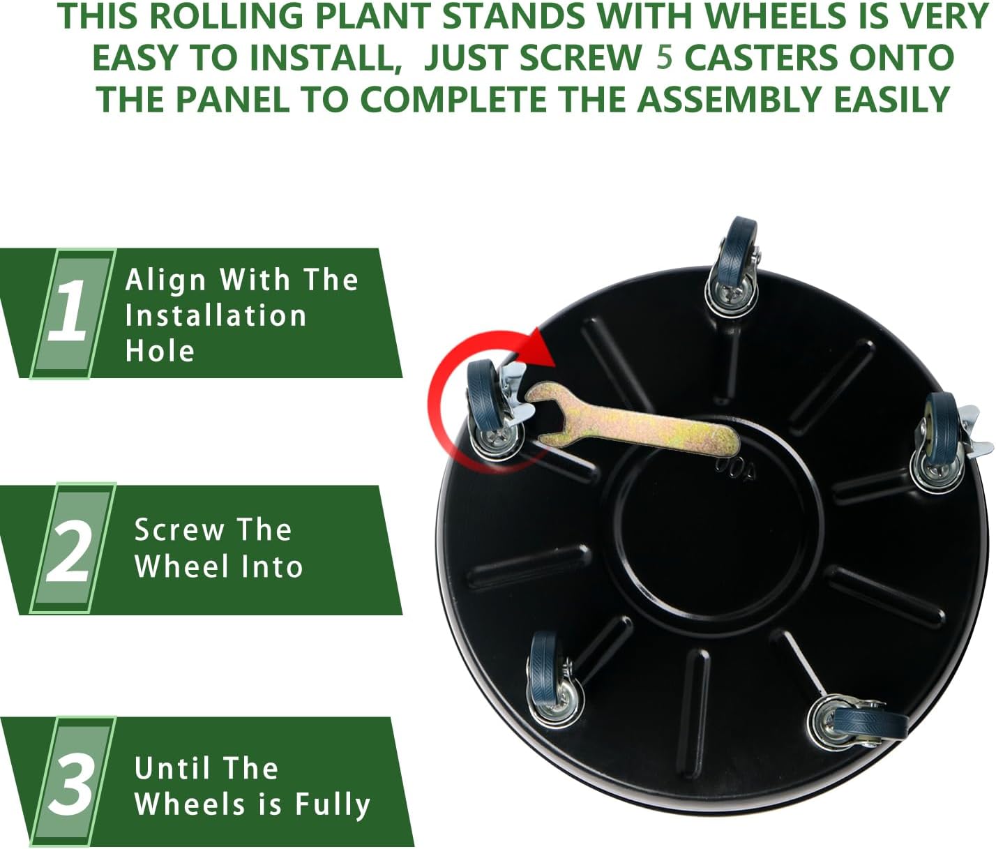 3 Pack Metal Plant Caddy with Wheels 16 Inch Black, Round Rolling Heavy Duty Plant Dolly, Heavy Plant Pot Mover Outdoors or Indoors, The Metal Wheel Can Rotate 360 Degrees or Lockable.